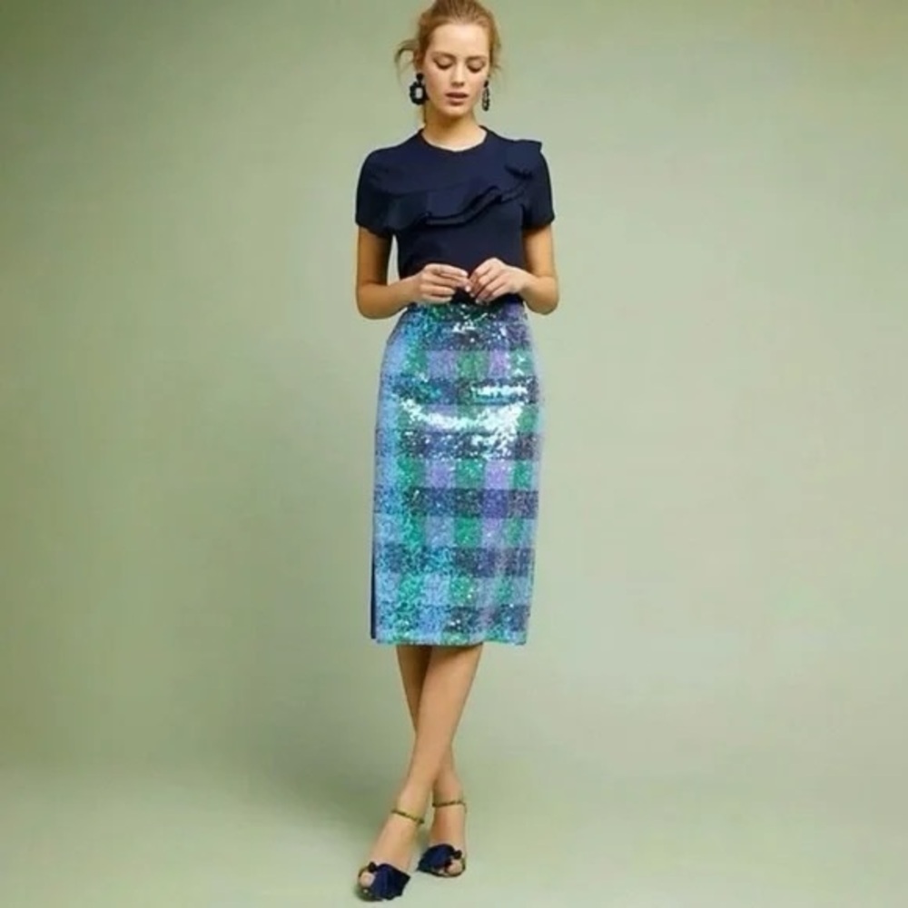 Maeve Shimmering Blue, Green & Purple Plaid Pencil Skirt